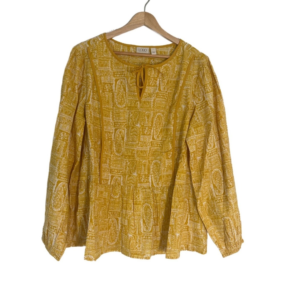 LOGO by Lori Goldstein 100% Cotton Printed Tie‎ Neck Gold Blouse L Shell NWOT
